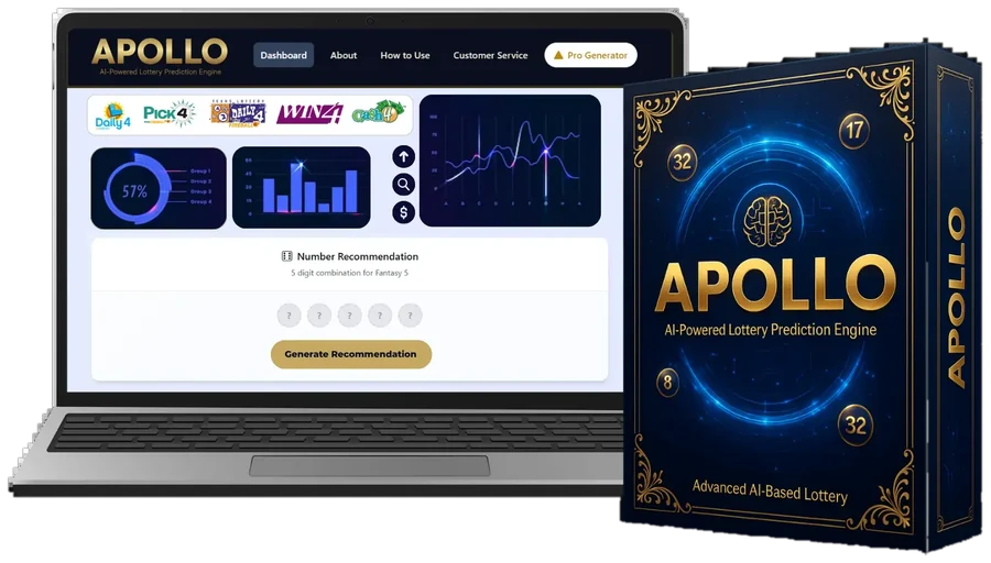 Apollo AI dashboard on a laptop showing game logos, charts and a number recommendation panel